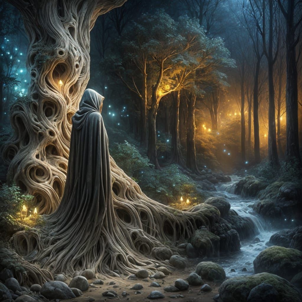 Cloaked Figure in Twilight Forest, Romanticism Style