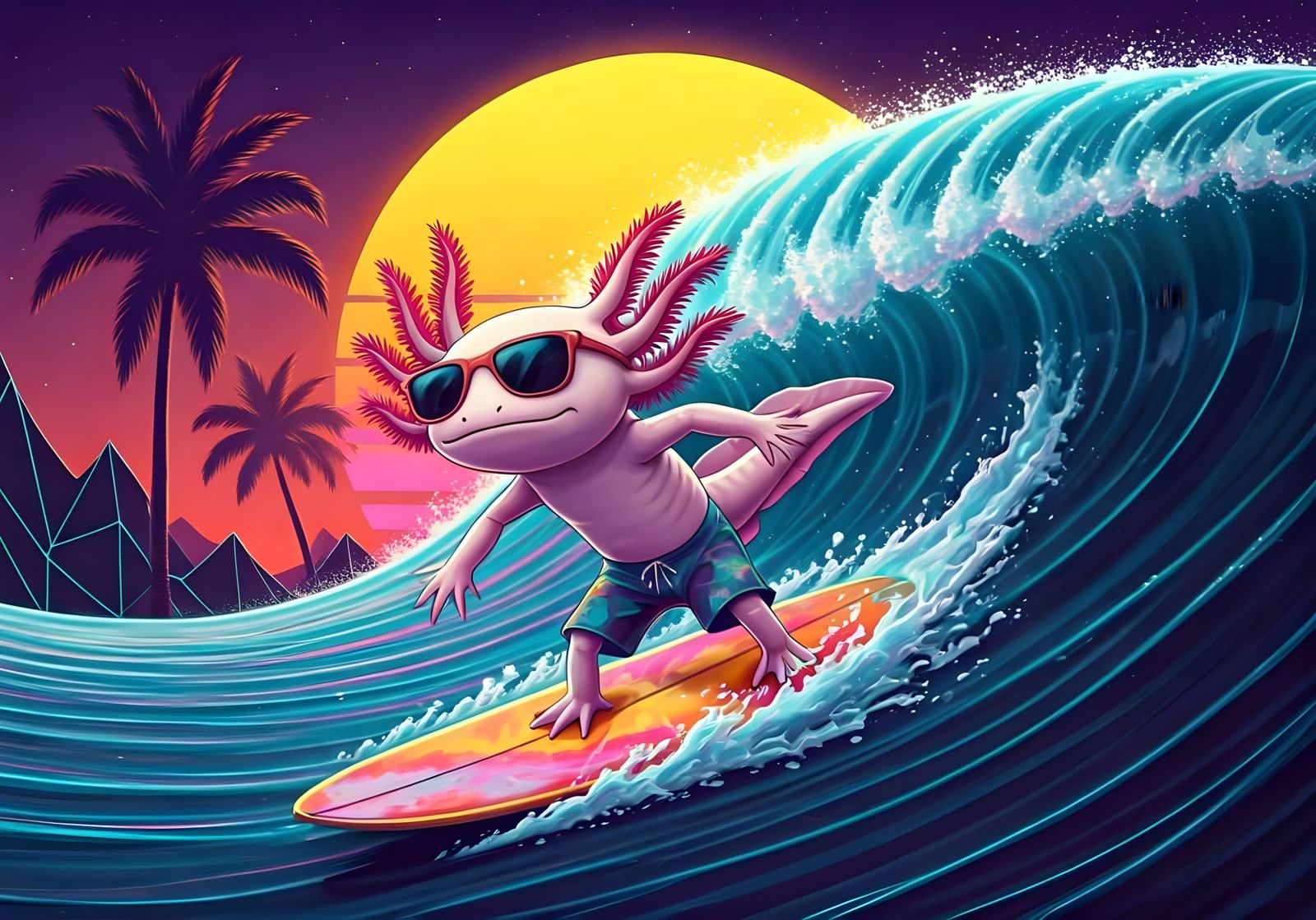 Vaporwave Axolotl Rides Sunset Surfboard