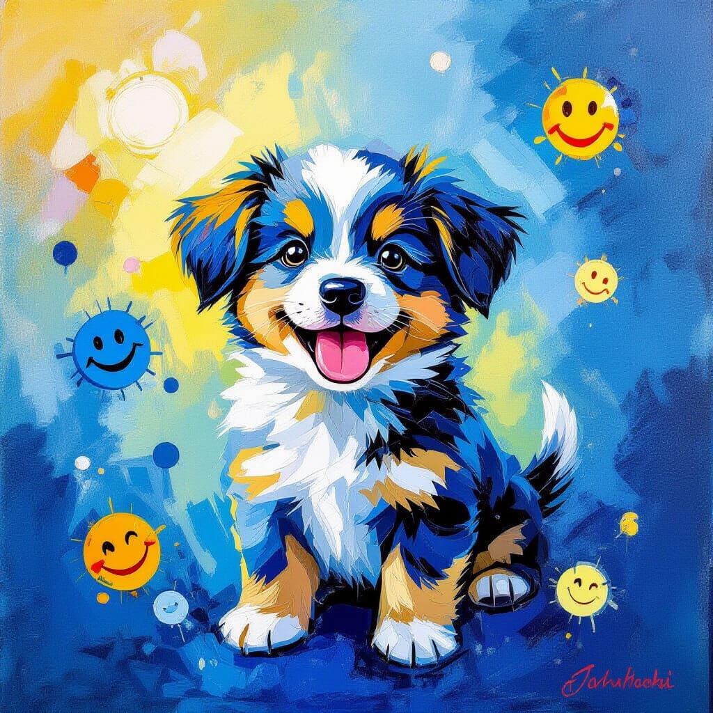 Whimsical Puppy Dog Surrounded by Smiles in Surreal Scene