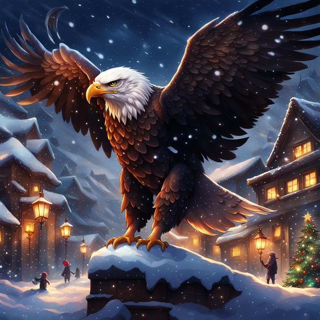 Anime-Style Christmas Eagle: Detailed Digital Painting