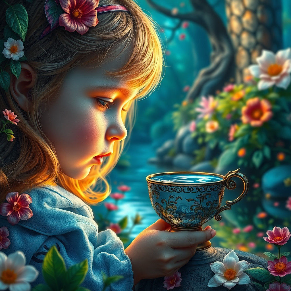 Child Reflecting in Forest River, Detailed Portrait