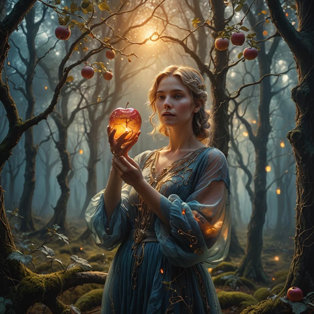 Woman with Glowing Glass Apple in Mystical Forest