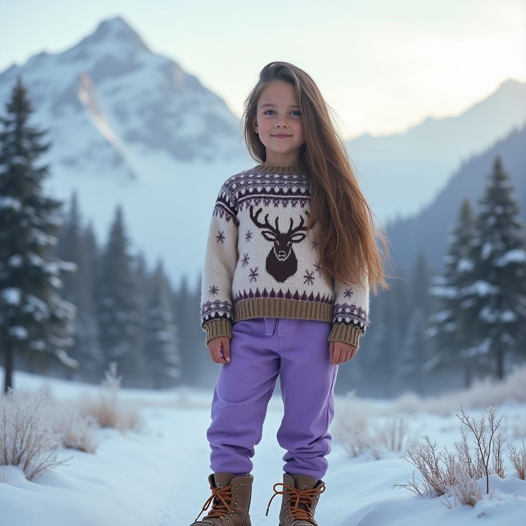 Girl in Winter Wonderland Landscape with Deer Pattern Sweate...
