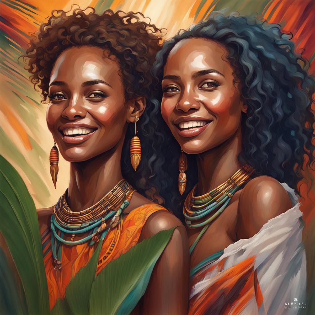 Vibrant Acrylic Portrait of Kenyan Friends with Orchids