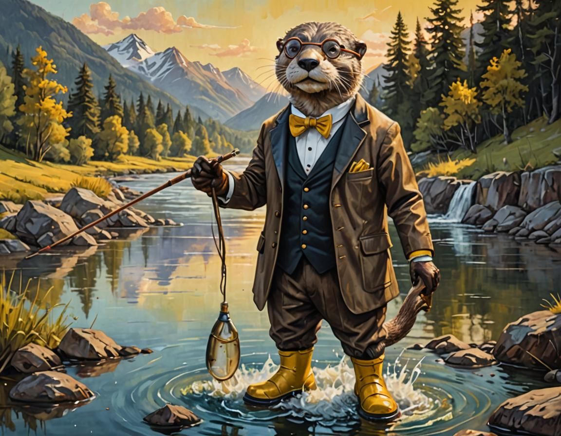 Steampunk Otter Fishing in Countryside Acrylic Painting