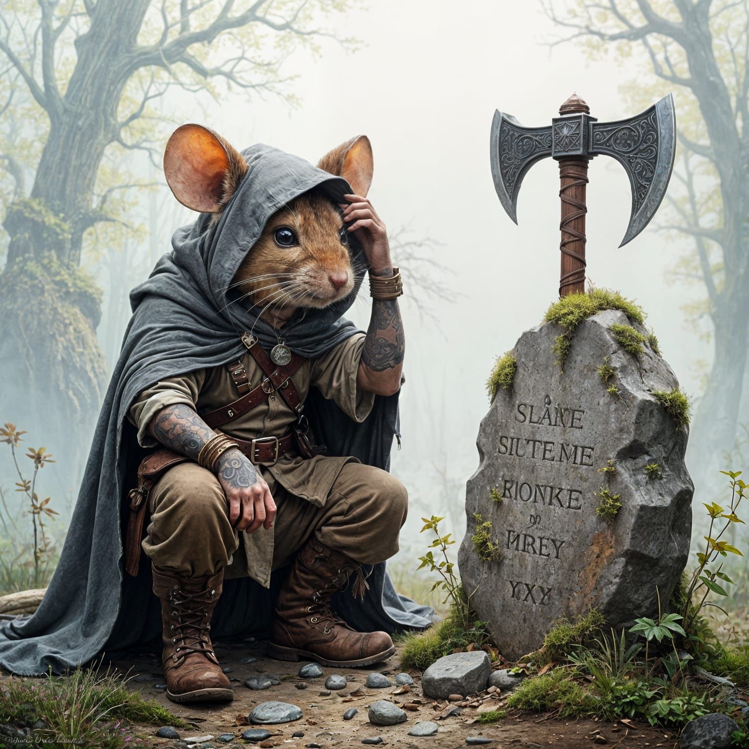 Confused Mouse Warrior with Tattooed Arms