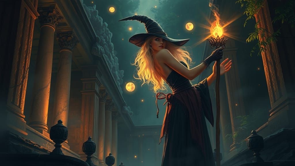 Mysterious Sorceress Conjures Magic in Ancient Temple
