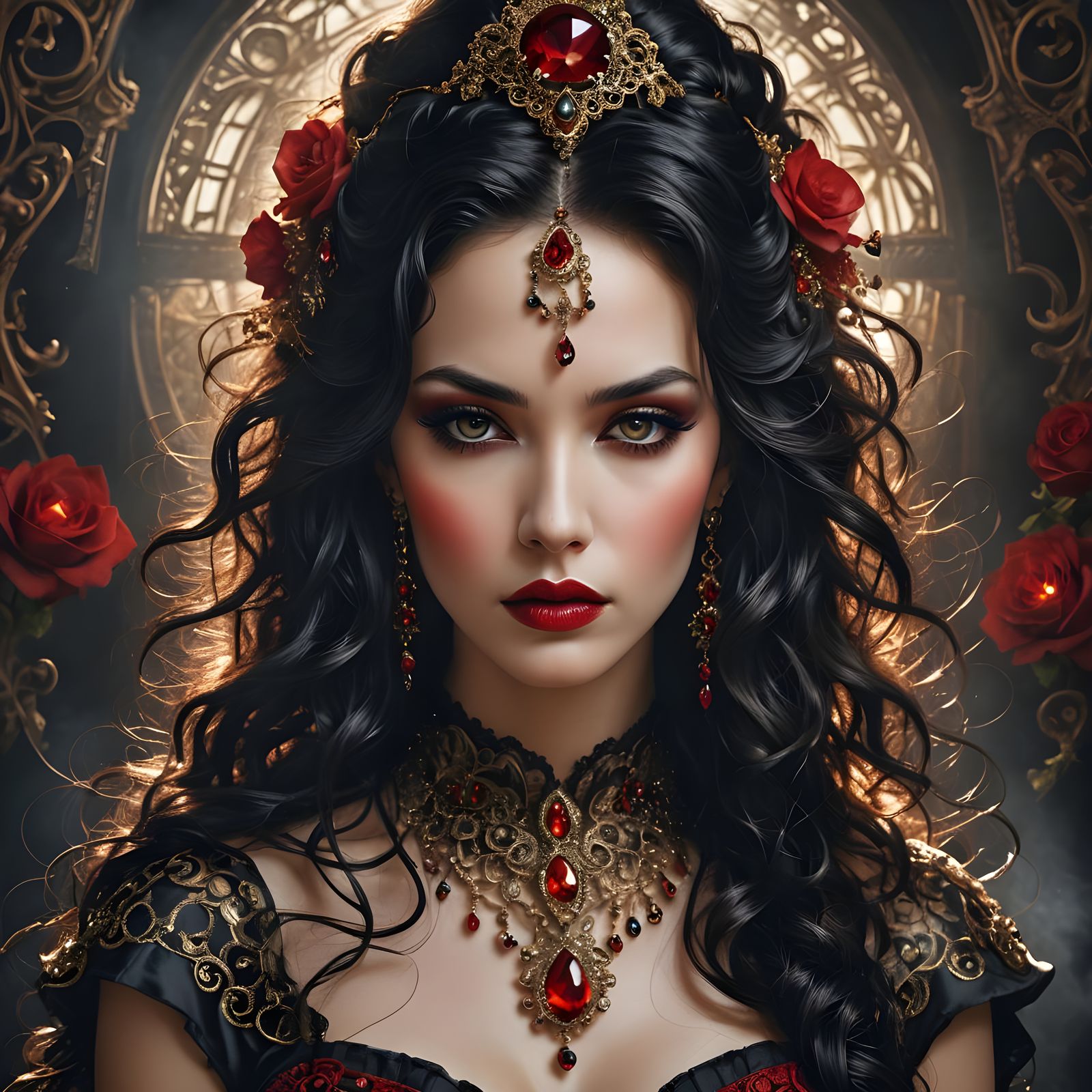 Ethereal Woman in Black and Red Chiaroscuro