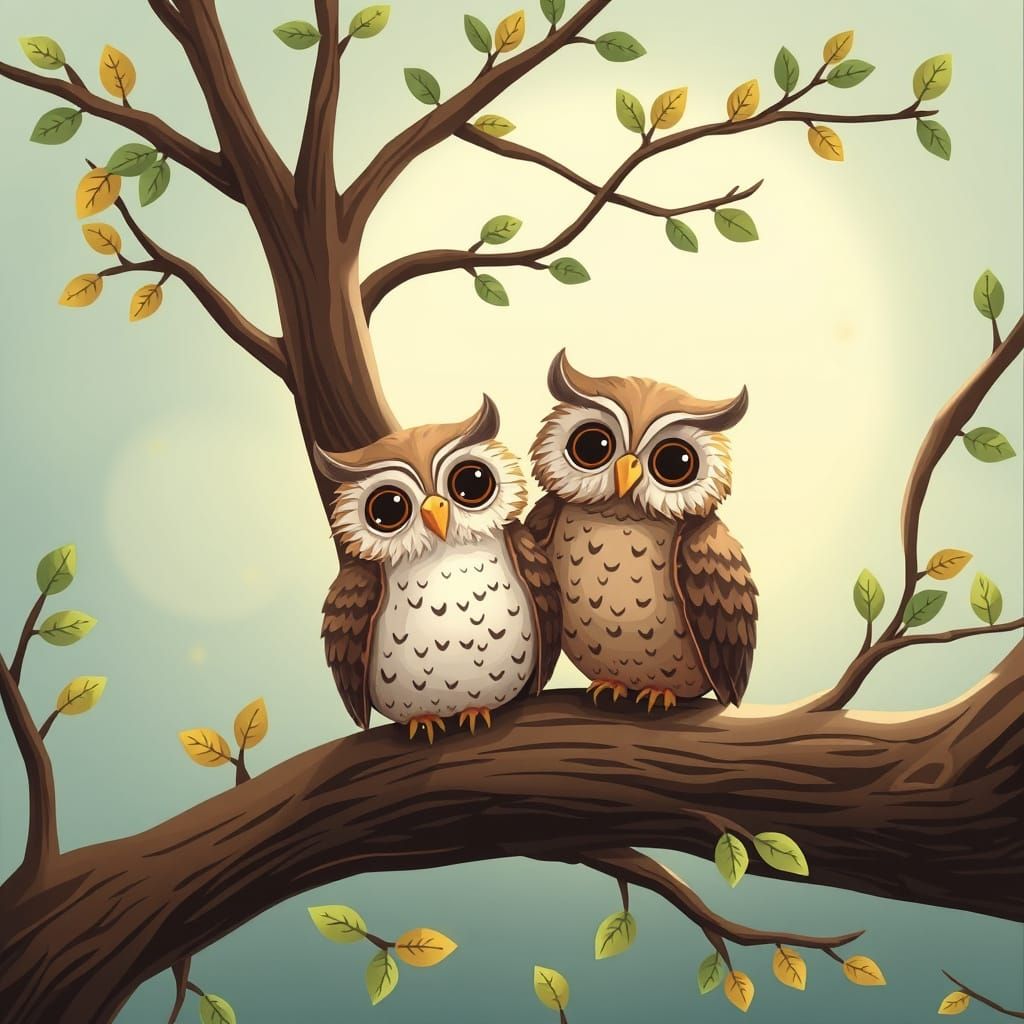 Cute Owls Perched in a Tree, Exuding Joy