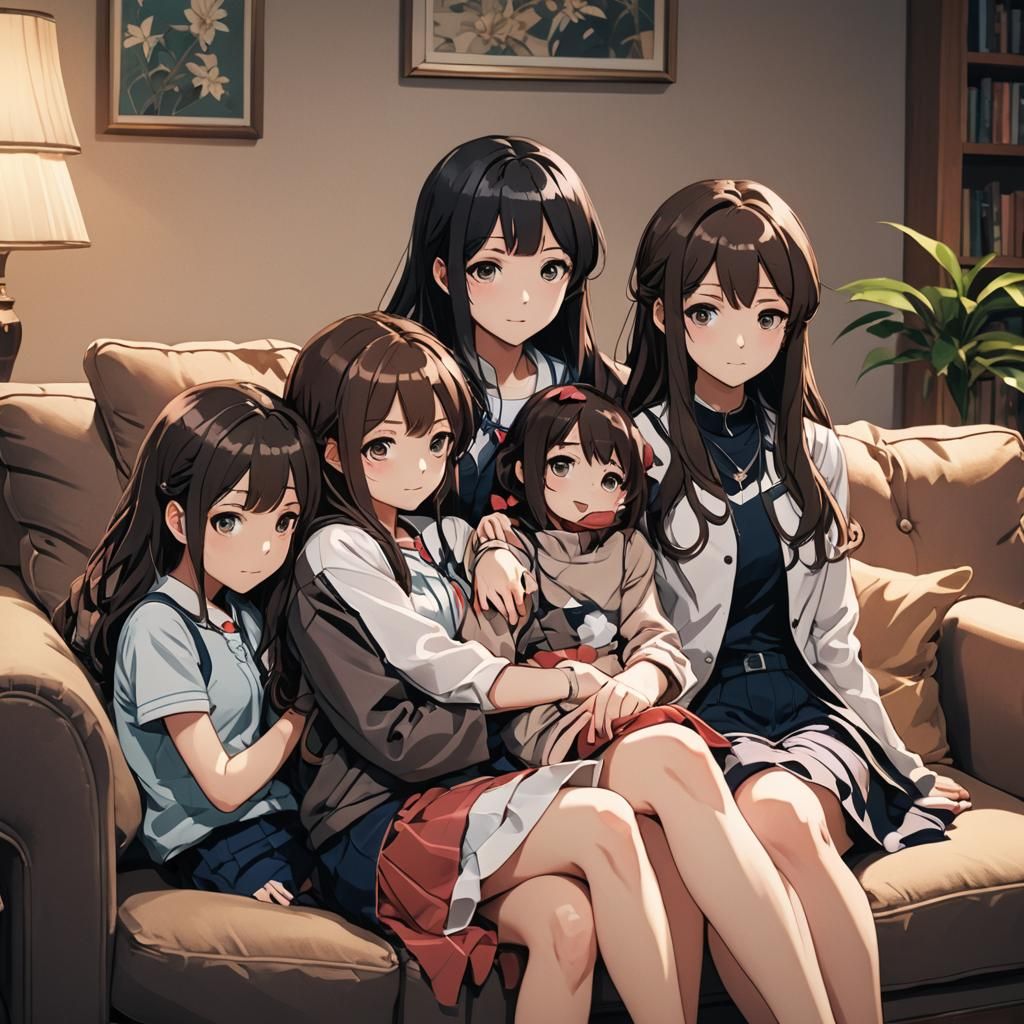 Three Sisters on Couch in Anime Style