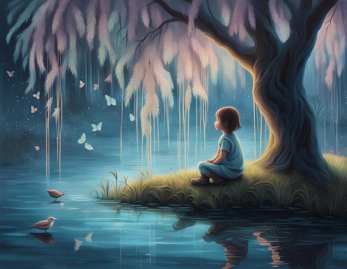 A serene nocturnal scene with a luminous full moon, calm wat...