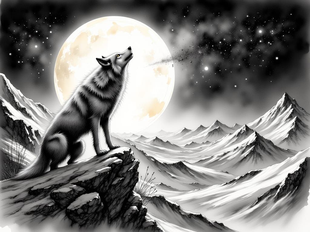 Majestic Grey Wolf Under Starry Moonlit Skies