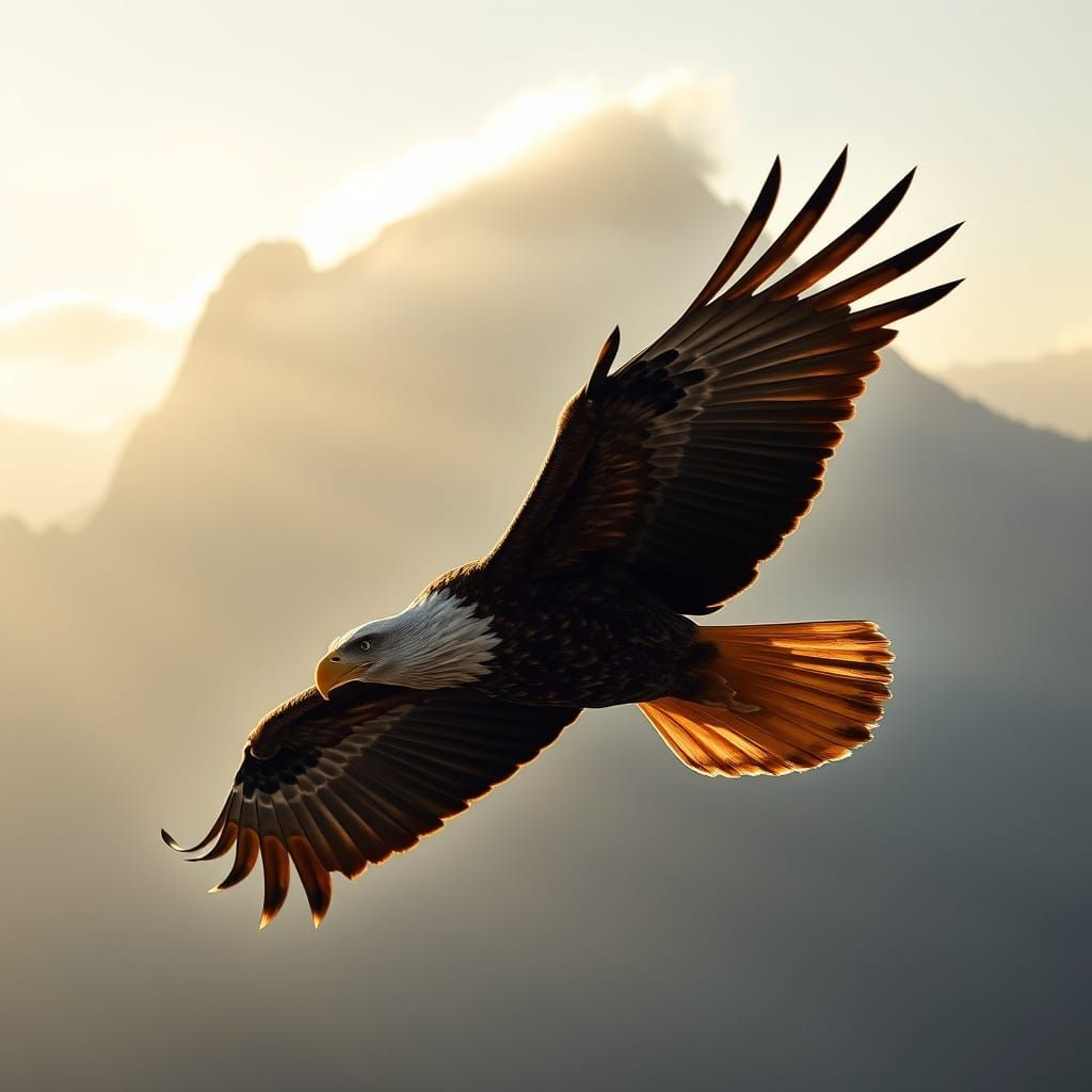 Eagle Soaring Through Misty Mountains at Dawn