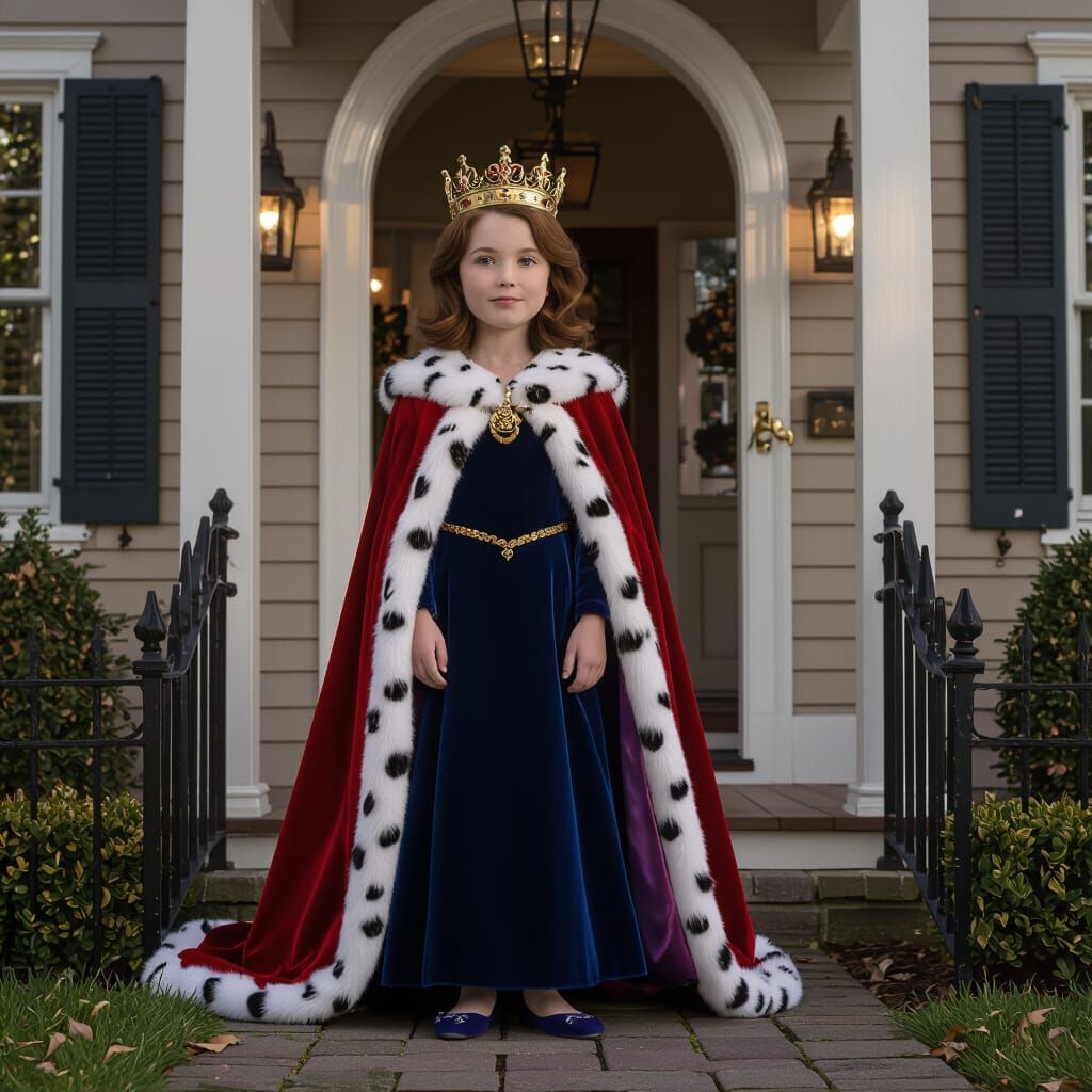 Queen Doris in Royal Blue Gown with Fur-Trimmed Cloak