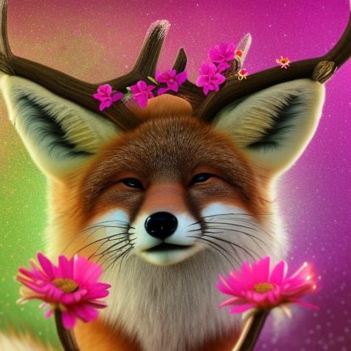 Cute Earth Fox with Antlers and Flowers