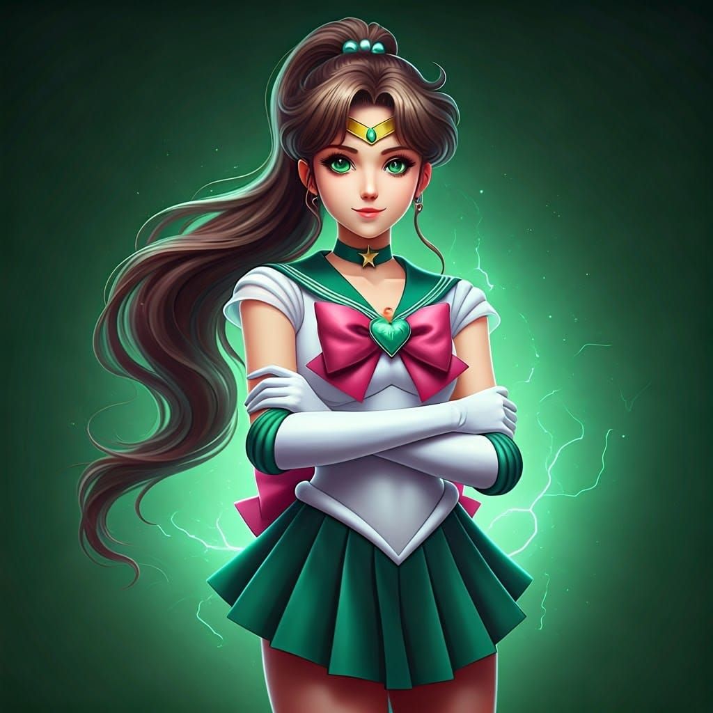 Sailor Jupiter in a Vibrant Green Fantasy Landscape