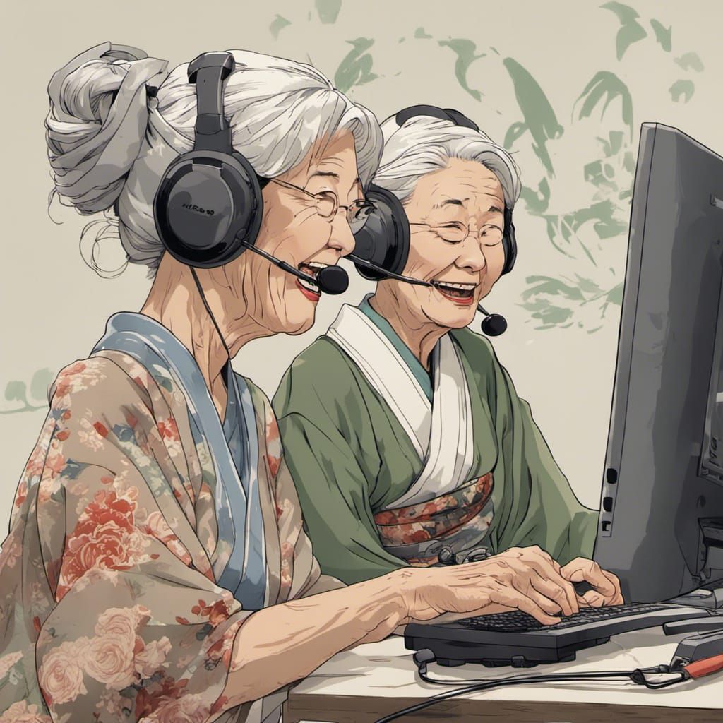 Elderly Japanese Gamers in Ukiyo-e Anime Style
