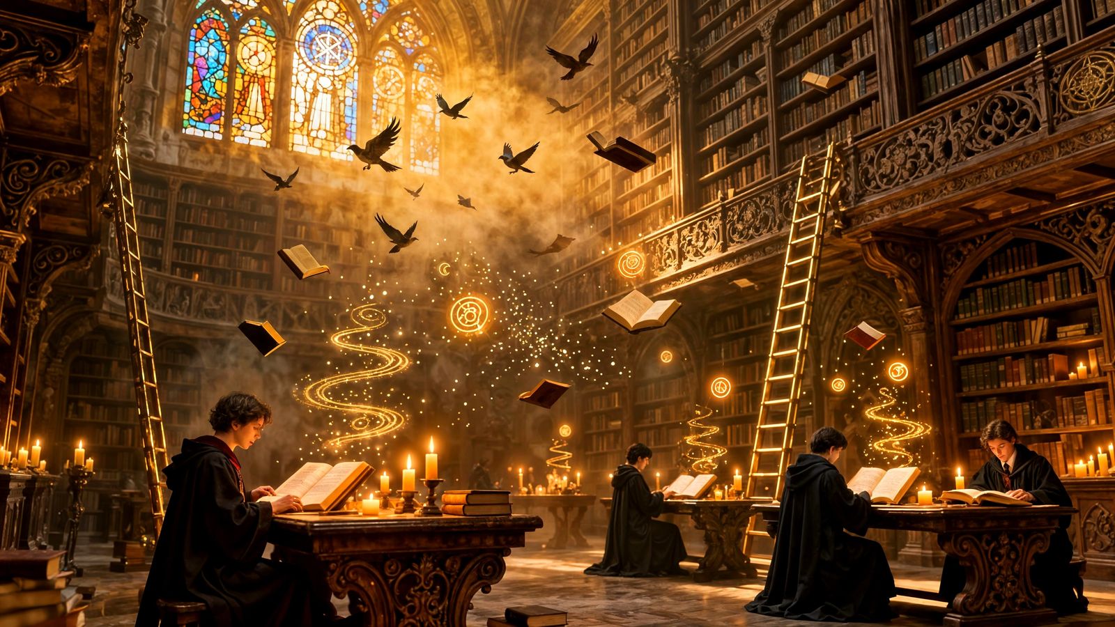 Ancient Magic School Library with Enchanted Books