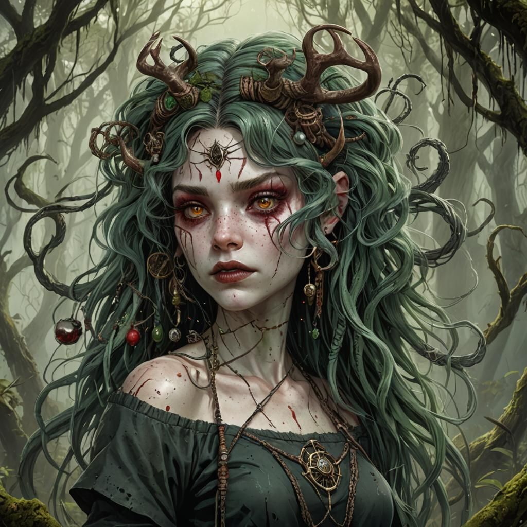 Spooky Swamp Witch with Antlers, Digital Painting