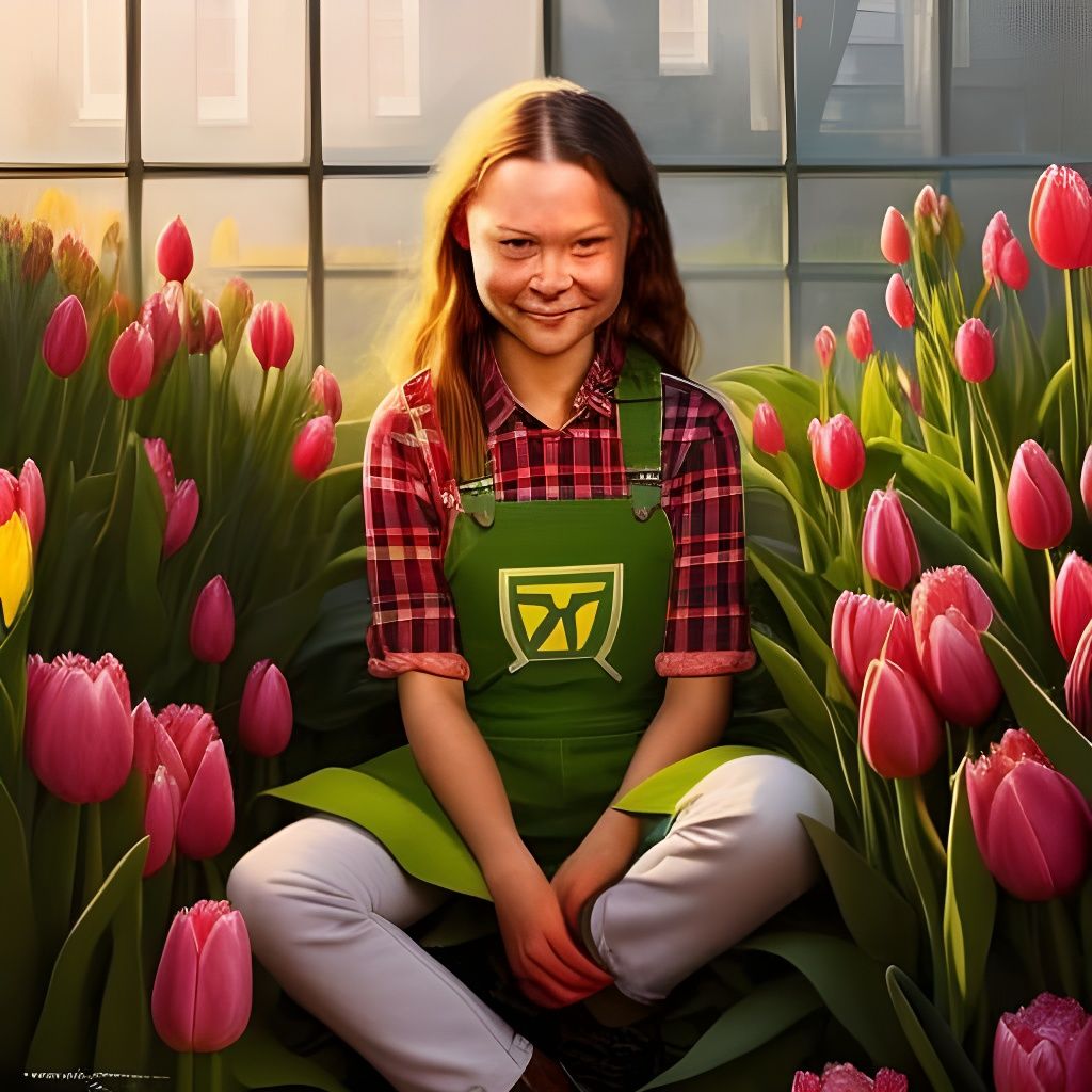 Smiling Woman with Tulips: Hyperdetailed Digital Art