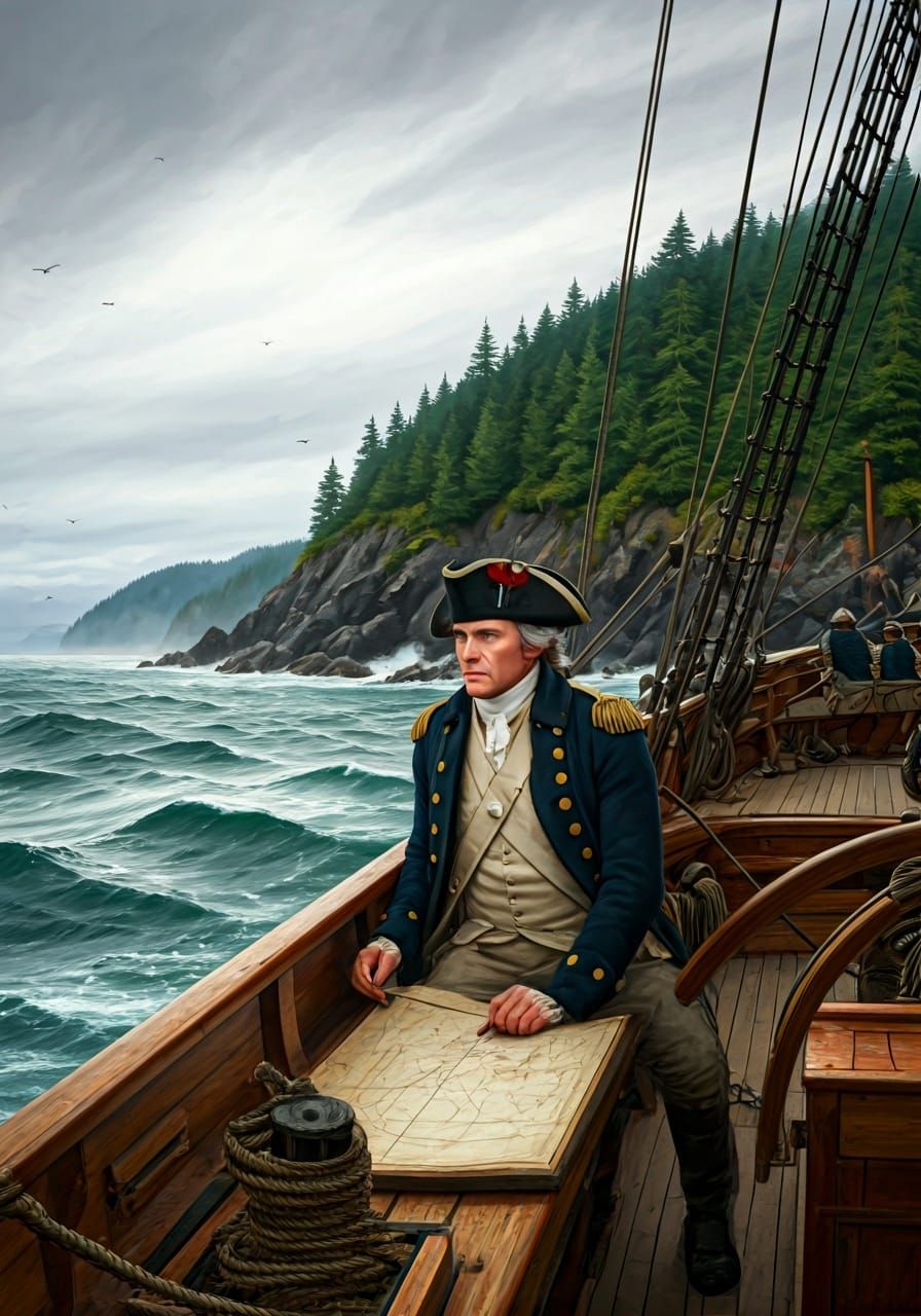 Captain George Vancouver, 1793, taking bearings off the coast of what is now British Columbia Canada