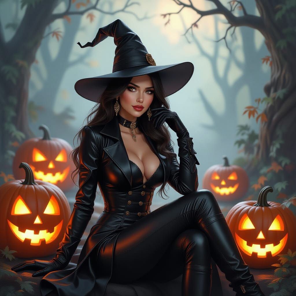 Charming Halloween Witch Among Glowing Pumpkins