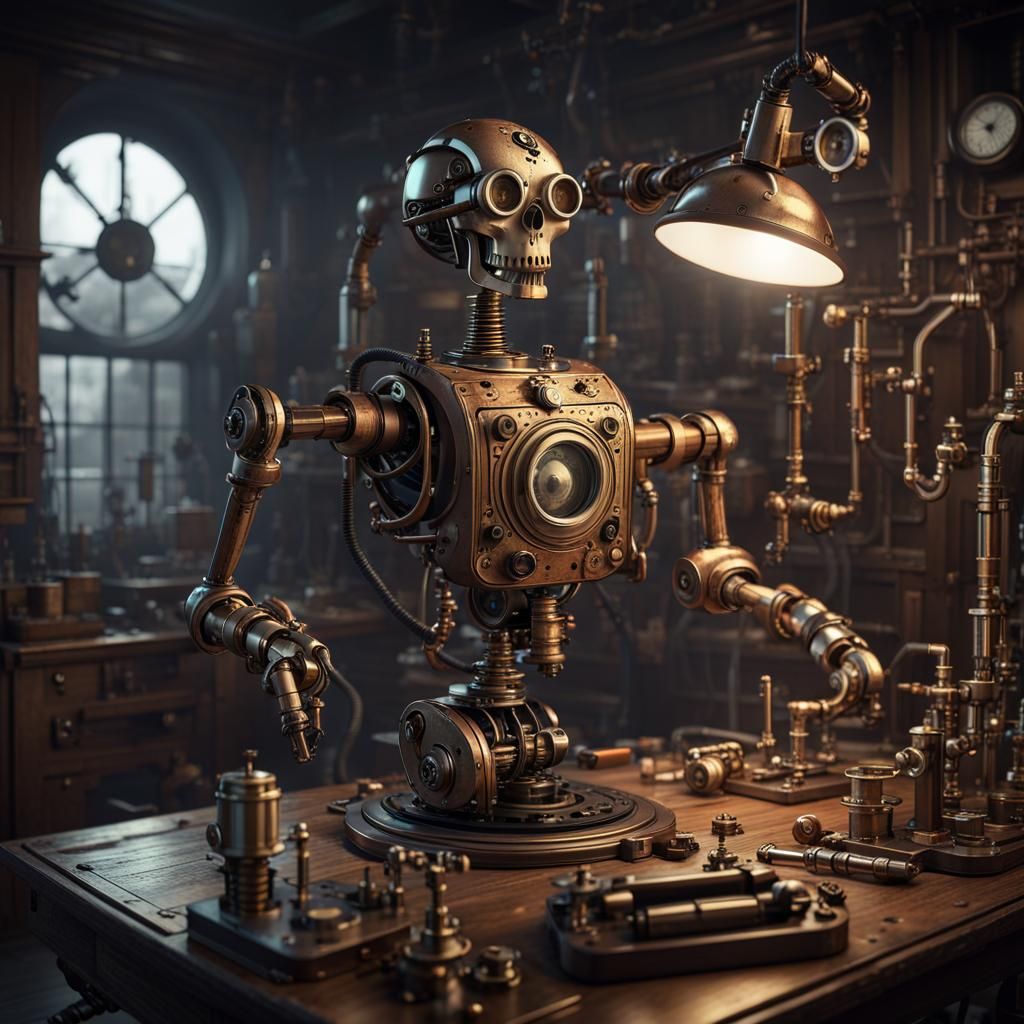 Steampunk Robots in Antique Laboratory