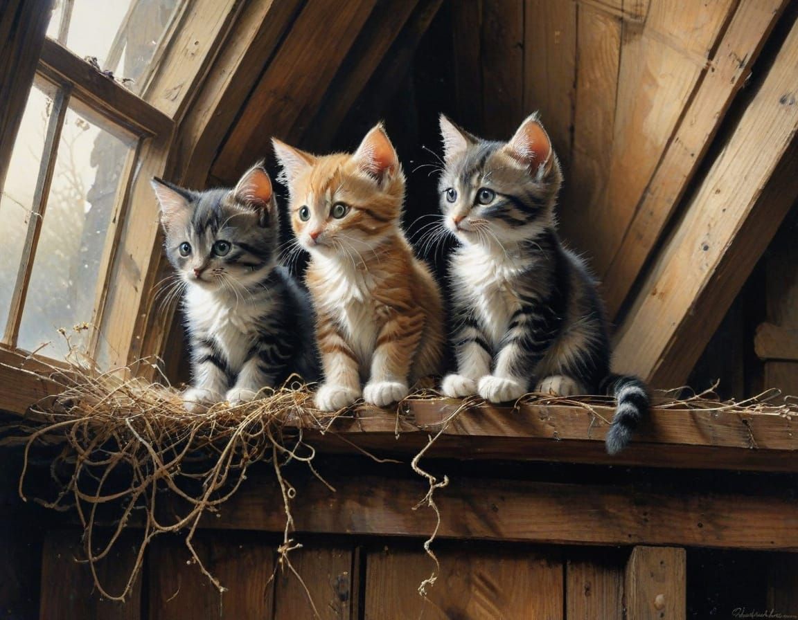 Three Curious Kittens Play In Detailed Attic