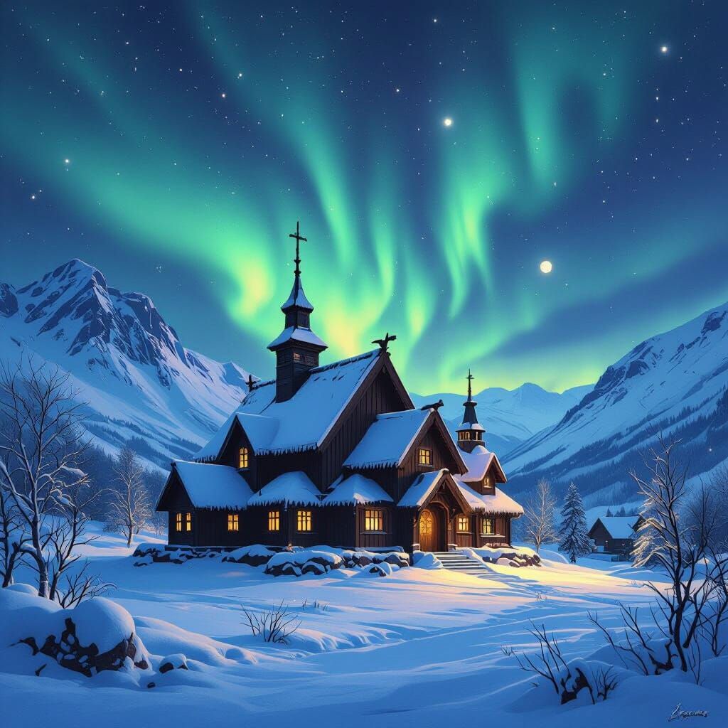 Eidsborg Stave Church Under Northern Lights in Telemark