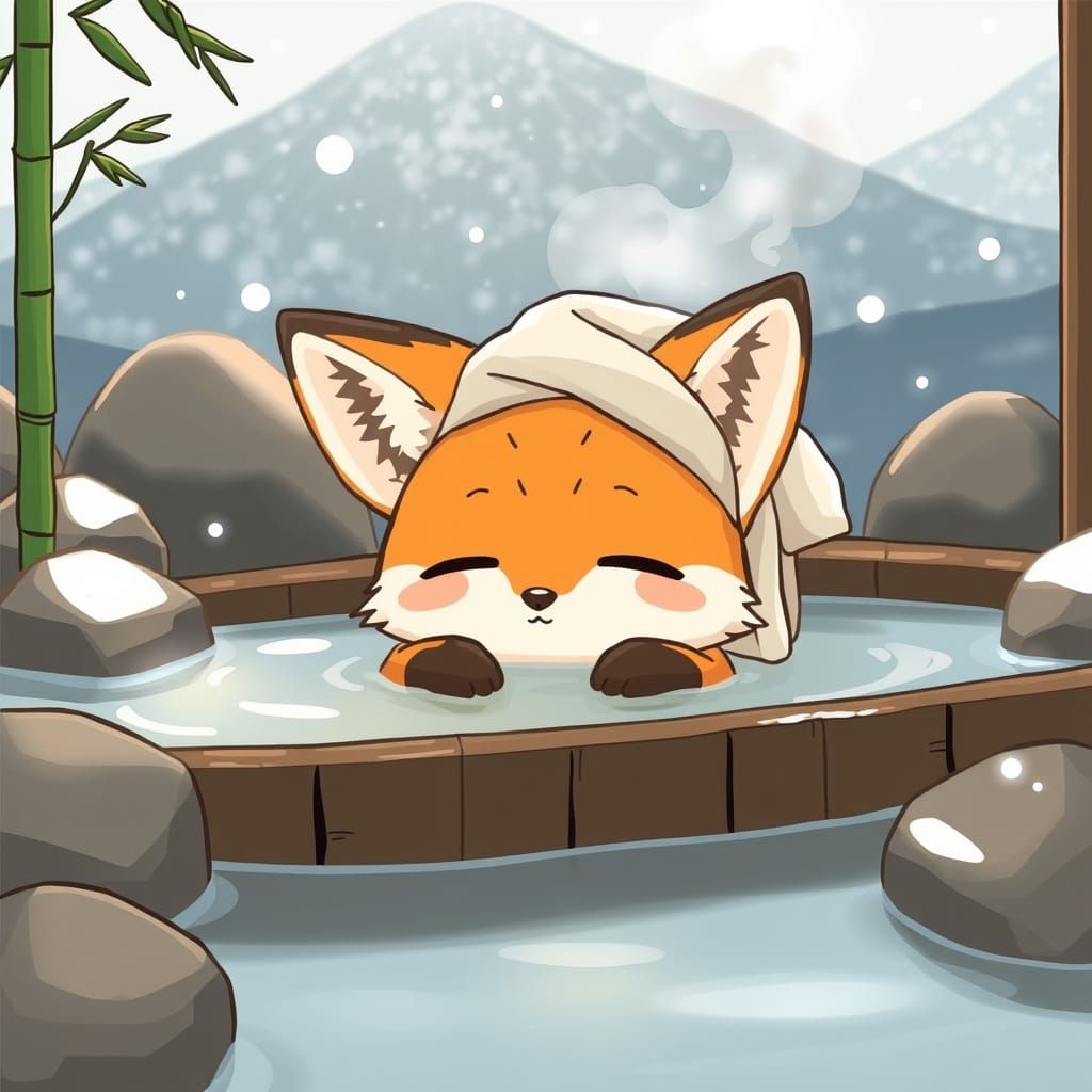 Fox Relaxing in Japanese Onsen, Manga Style Illustration