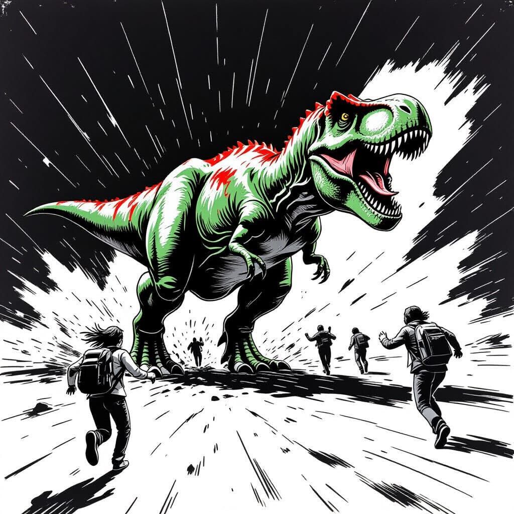 Gritty Graphic Novel Sketch of Dino Escape in Greenland