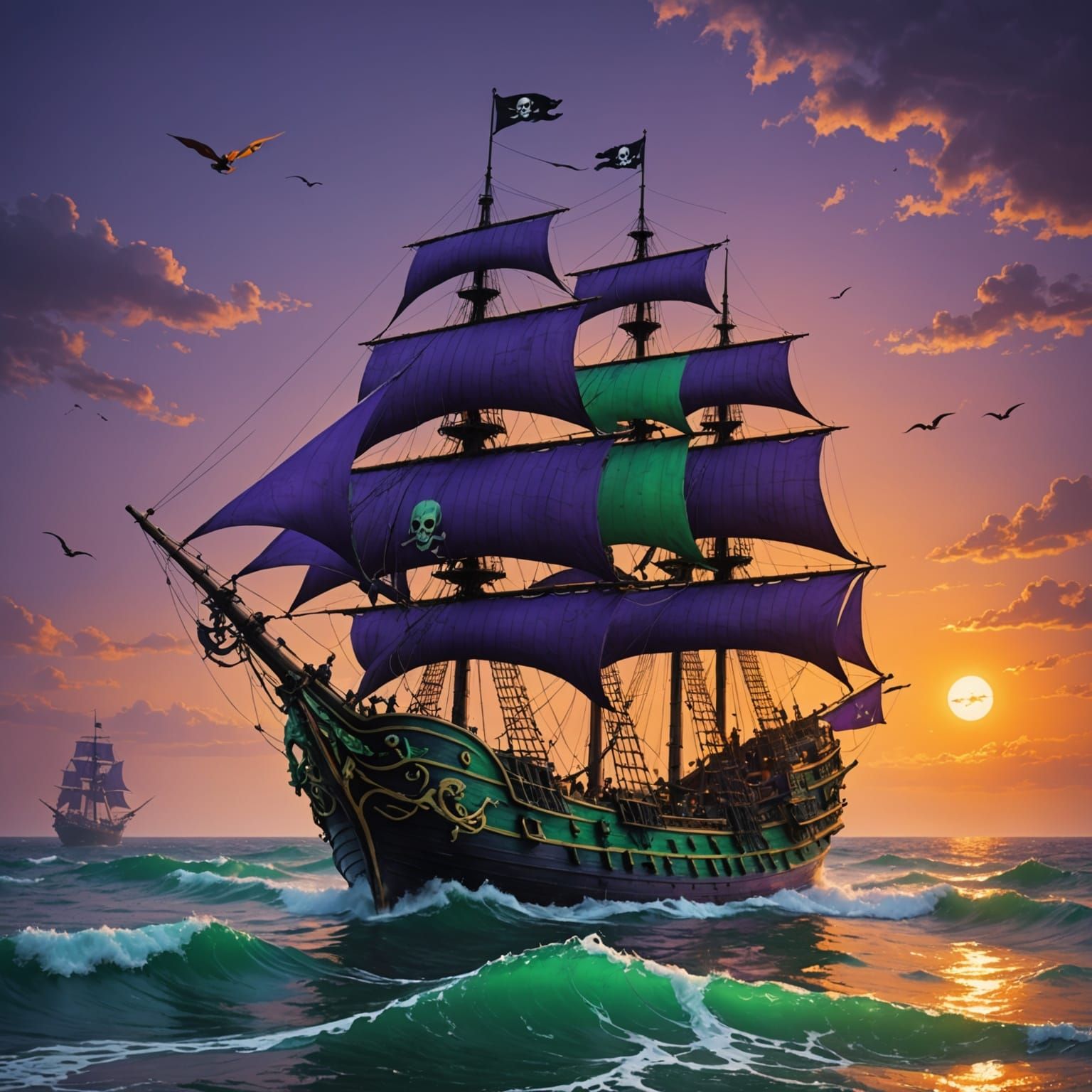 Pirate Ship Lost at Sea in Dreamlike Setting