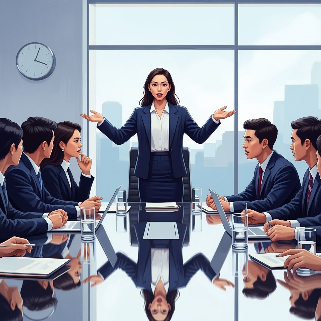 Confident Young Woman Leads First Meeting: Cartoon Illustrat...