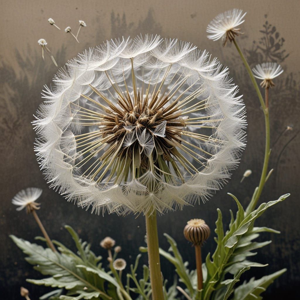 Delicate Dandelion Bloom in Traditional Woodblock Print Styl...