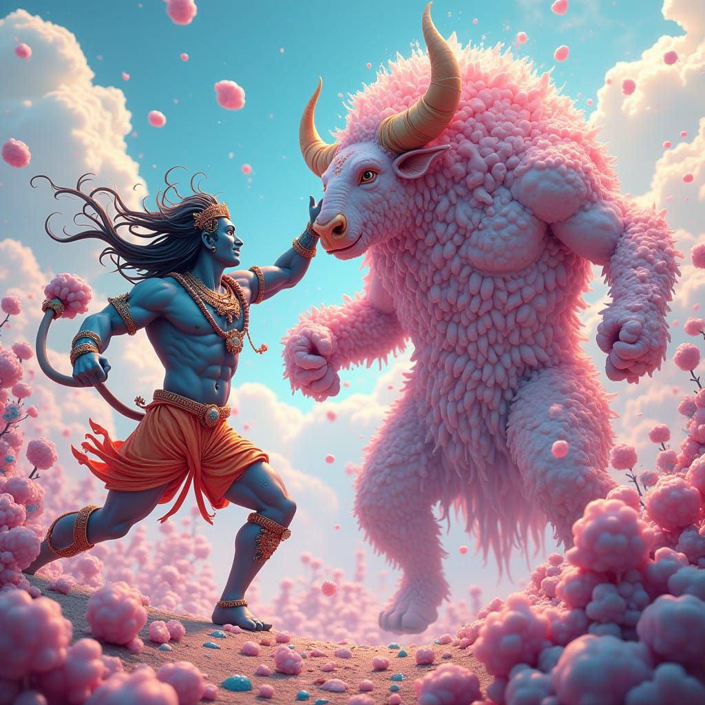 Hanuman Battles a Crystal Yak in Vibrant Candyland
