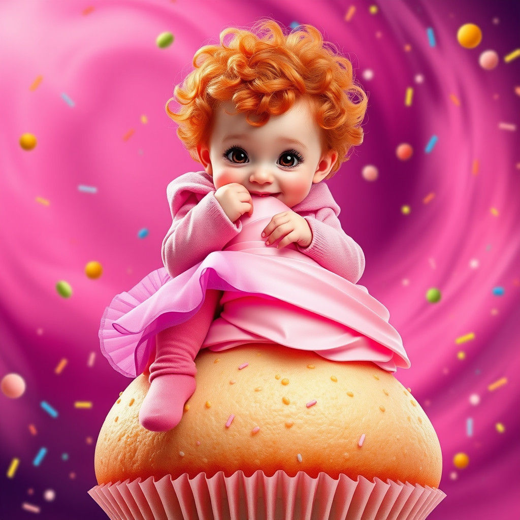 Girl on Gigantic Cupcake in Matte Painting Style
