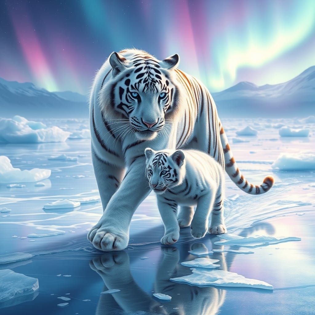 Mother Tiger's Gentle Guidance in Frosty Wilderness