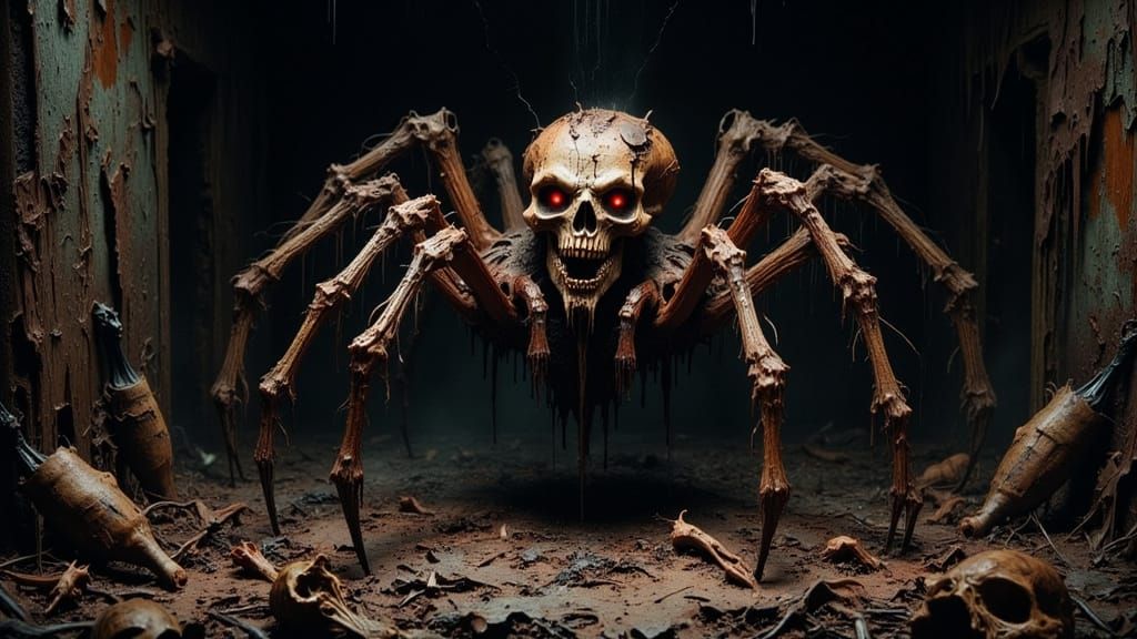 Skull Spider in Web, Expressive Dark Art Style