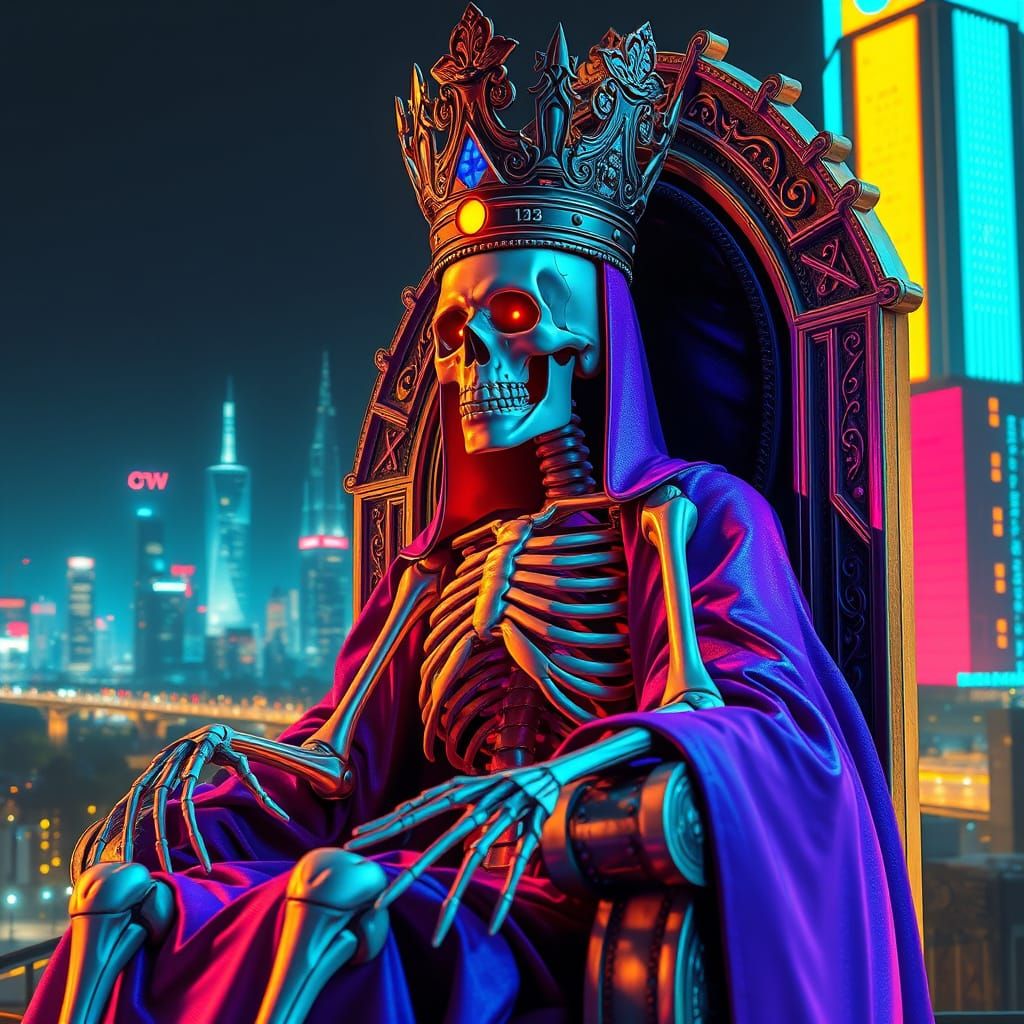 Regal Skeleton King on Chrome Throne in Retro-Futurist Style