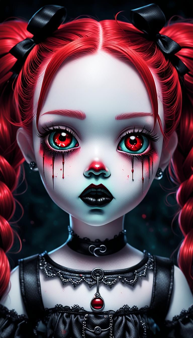 Horrorcore Chibi: Fractured Porcelain Doll in Strobing Light