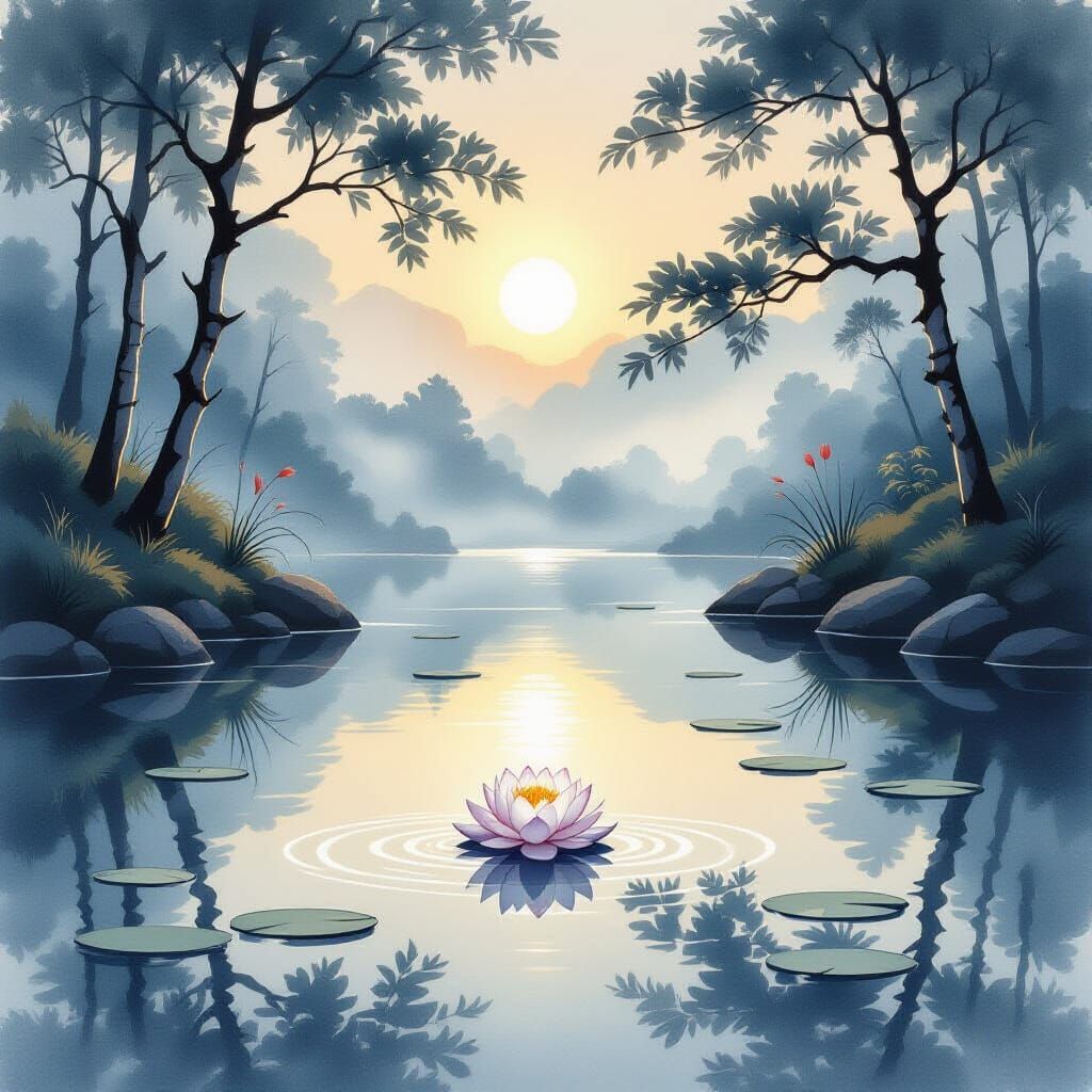 Serene Dawn Garden with Lotus Flower in Ink Wash Style