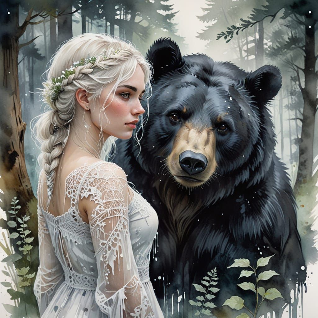 Surreal Watercolor Portrait of Young Woman with White Hair a...