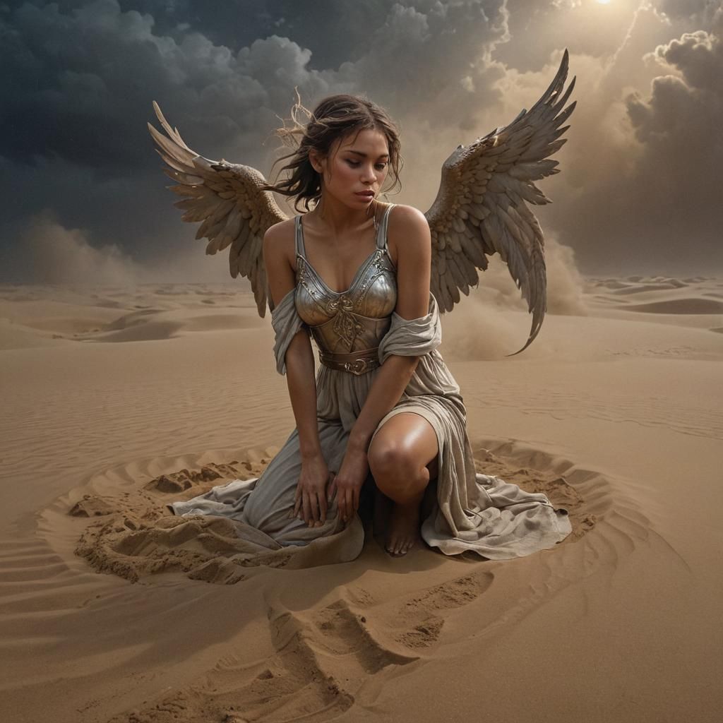 Angel in Desert Sandstorm, Hyperdetailed Concept Art