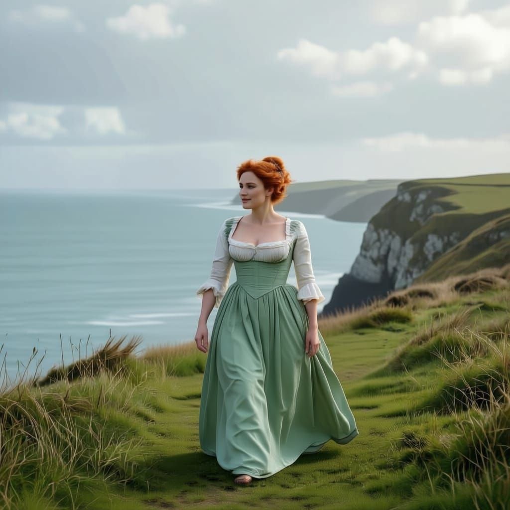 A cinematic, romantic Regency-era scene set on the dramatic cliffs of Cornwall, overlooking a grey, windswept sea.