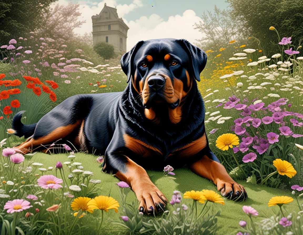 Surreal Rottweiler in Dieselpunk Garden Scene