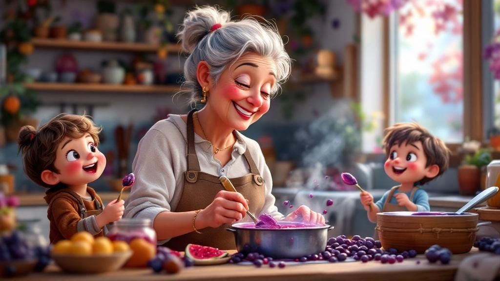 Grandma Making Jam in Fairy-Tale Kitchen