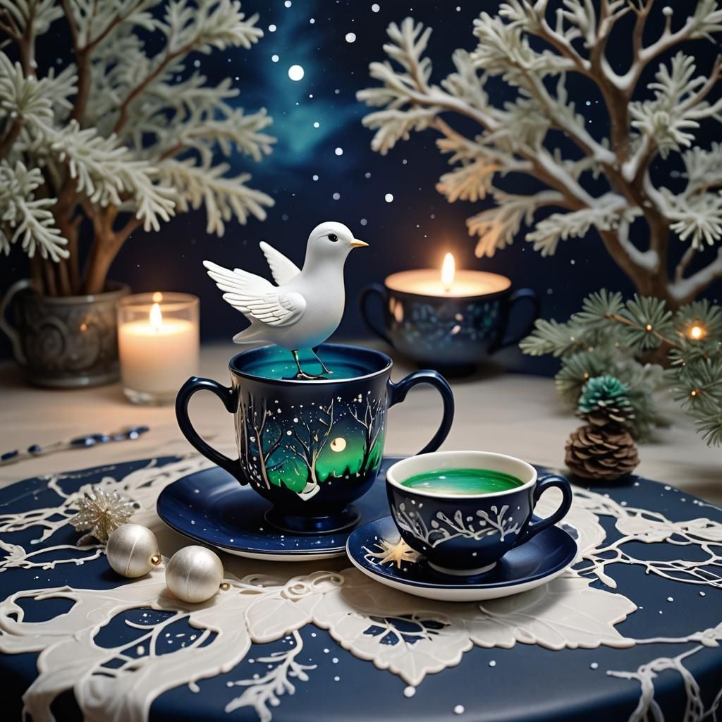 Polymer Clay Bird and Aurora Borealis Teacup