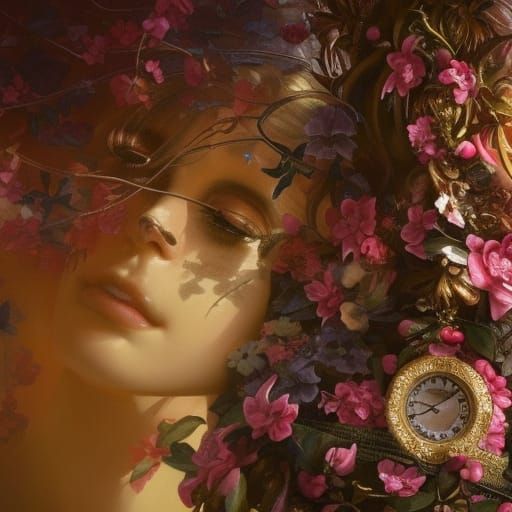 Ornate Clock Tower in Emerald Forest, Digital Art