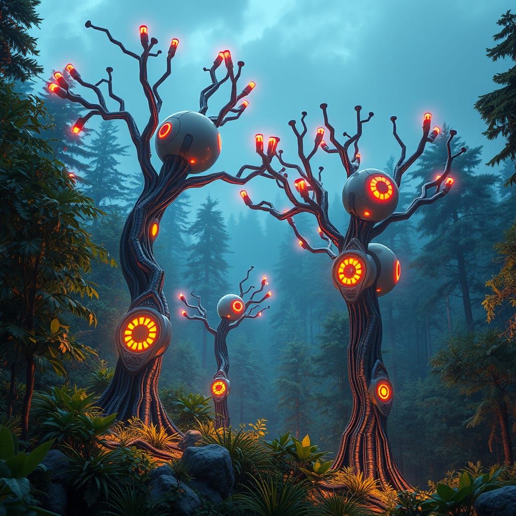 Robotic Trees in Lush Forest with Vibrant Lighting