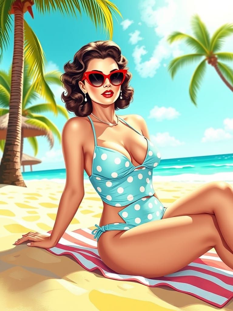 Retro Pin-Up Model on Sunny Beach in 1950s Style